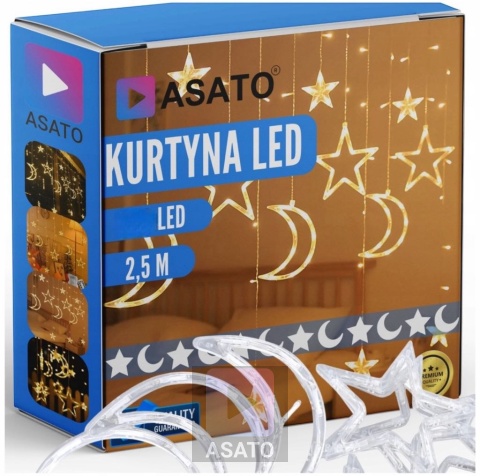 Kurtyna Świetlna na Okno 120 LED 2,5 m Girlanda Świąteczna Gwiazdki Barwa Ciepła Lampki Choinkowe Ozdobne Świąteczne