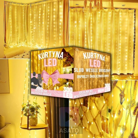Lampki Led Kurtyna Świetlna na Okno 3x3m 300 LED Lampki na Druciku na Prąd