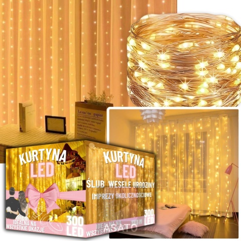 Lampki Led Kurtyna Świetlna na Okno 3x3m 300 LED Lampki na Druciku na Prąd