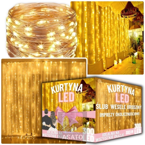 Lampki Led Kurtyna Świetlna na Okno 3x3m 300 LED Lampki na Druciku na Prąd