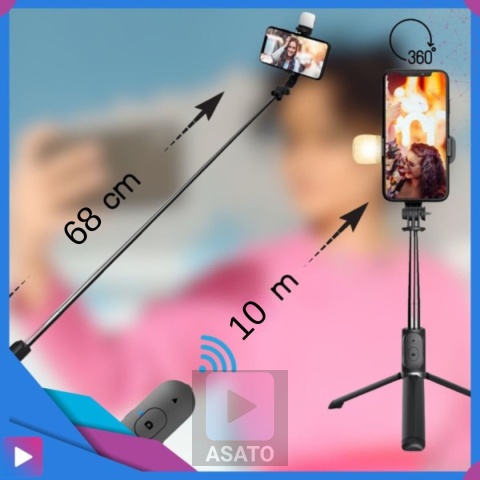 Kijek do Selfie Stick z Lampą LED Statyw Tripod + Pilot Bluetooth