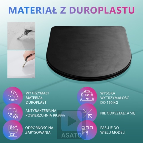 Deska Sedesowa Wolnoopadająca 1046 Black Czarna Duroplast 42x36cm ASATO® Antybakteryjna Twarda - Uniwersalna