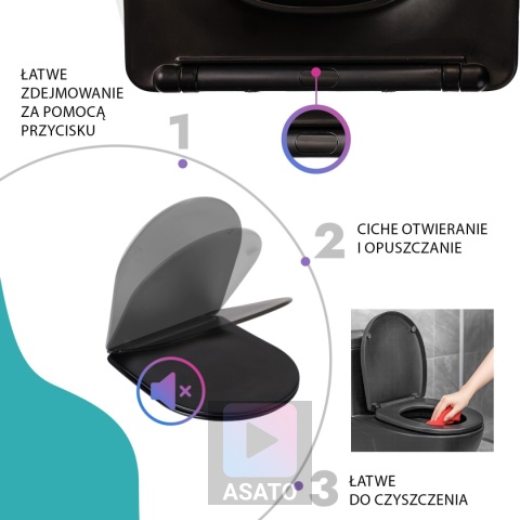 Deska Sedesowa Wolnoopadająca 1046 Black Czarna Duroplast 42x36cm ASATO® Antybakteryjna Twarda - Uniwersalna