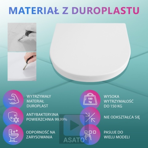 Deska Sedesowa Wolnoopadająca 113 ASATO® Biała Duroplast Antybakteryjna - Uniwersalna 46x36,5cm