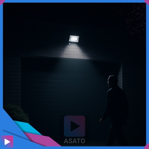 Halogen Naświetlacz LED 50W z Czujnikiem Ruchu i Zmierzchu na Kablu Naświetlacz Zewnętrzny IP65 do Ogrodu i Elewacji ASATO®