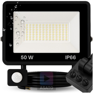 Halogen Naświetlacz LED 50W z Czujnikiem Ruchu i Zmierzchu na Kablu Naświetlacz Zewnętrzny IP65 do Ogrodu i Elewacji ASATO®