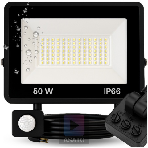Halogen Naświetlacz LED 50W z Czujnikiem Ruchu i Zmierzchu na Kablu Naświetlacz Zewnętrzny IP65 do Ogrodu i Elewacji ASATO®