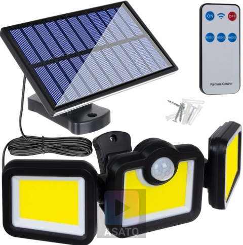 Lampa Solarna 3w1 171 LED Czujnik Ruchu IP44 Panel na Kablu Pilot Zewnętrzna ASATO®
