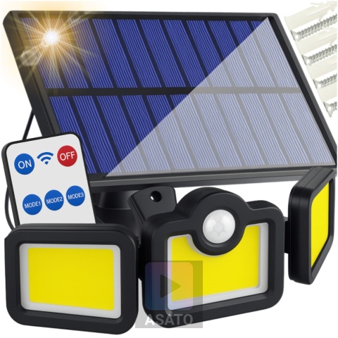 Lampa Solarna 3w1 171 LED Czujnik Ruchu IP44 Panel na Kablu Pilot Zewnętrzna ASATO®
