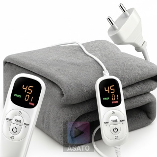 Duży Koc Elektryczny Podgrzewany 180x160cm 200W Pilot Timer Miękki Szary ASATO®