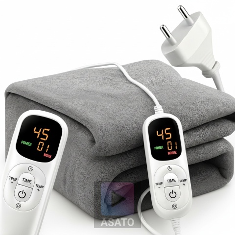 Duży Koc Elektryczny Podgrzewany 180x160cm 200W Pilot Timer Miękki Szary ASATO®