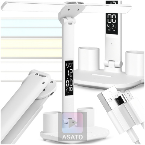 Lampka Biurkowa LED 6w1 Wyświetlacz Zegar Organizer Podwójne Ramiona i USB ASATO®