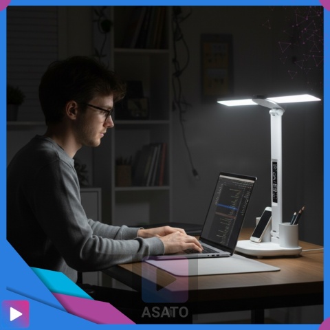 Lampka Biurkowa LED 6w1 Wyświetlacz Zegar Organizer Podwójne Ramiona i USB ASATO®