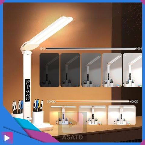 Lampka Biurkowa LED 6w1 Wyświetlacz Zegar Organizer Podwójne Ramiona i USB ASATO®