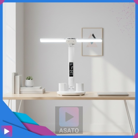 Lampka Biurkowa LED 6w1 Wyświetlacz Zegar Organizer Podwójne Ramiona i USB ASATO®
