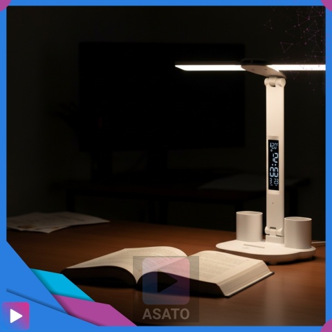 Lampka Biurkowa LED 6w1 Wyświetlacz Zegar Organizer Podwójne Ramiona i USB ASATO®