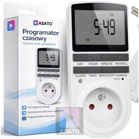 Programator Czasowy do Gniazdka Gniazdkowy LCD 10 Programów Bateria ASATO®
