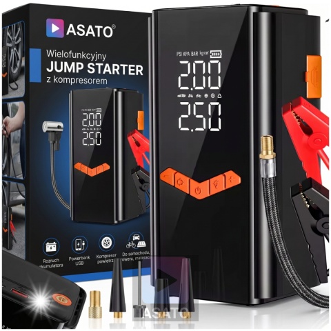 Jump starter do samochodu z kompresorem ASATO® Mi65 N2 150 PSI 6000 mAh powerbank latarka