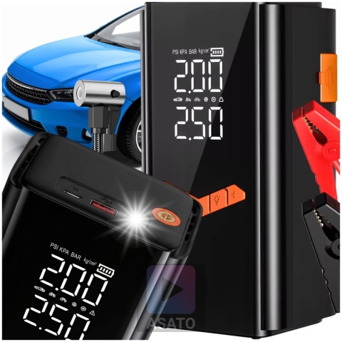 Jump starter do samochodu z kompresorem ASATO® Mi65 N2 150 PSI 6000 mAh powerbank latarka