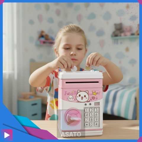 Sejf Skarbonka dla Dziewczynki na Kluczyk Dźwięki Melodie Zabawkowy Bankomat Różowy ASATO®