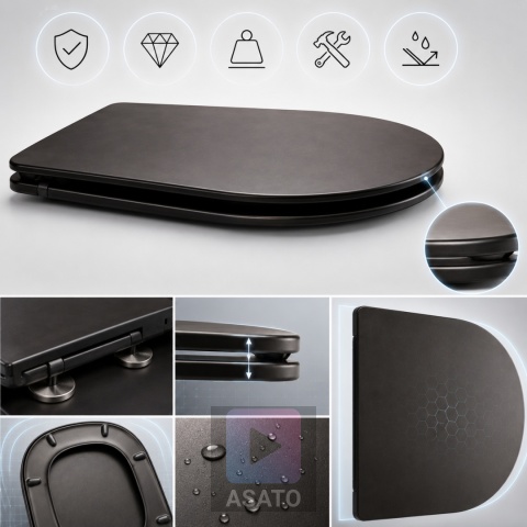 Deska Sedesowa Wolnoopadająca 1046 Black Czarna Duroplast 42x36cm ASATO® Antybakteryjna Twarda - Uniwersalna
