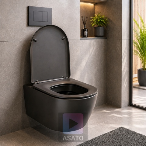 Deska Sedesowa Wolnoopadająca 1046 Black Czarna Duroplast 42x36cm ASATO® Antybakteryjna Twarda - Uniwersalna