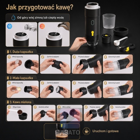 Mini Ekspres Ciśnieniowy Do Kawy Turystyczny Przenośny na Kapsłułki i Kawę Mieloną 60ml USB