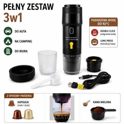 Mini Ekspres Ciśnieniowy Do Kawy Turystyczny Przenośny na Kapsłułki i Kawę Mieloną 60ml USB
