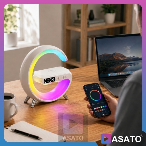 Głośnik Bezprzewodowy Lampka RGB Bluetooth Budzik Ładowarka Bezprzewodowa Zegar ASATO®