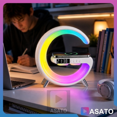 Głośnik Bezprzewodowy Lampka RGB Bluetooth Budzik Ładowarka Bezprzewodowa Zegar ASATO®