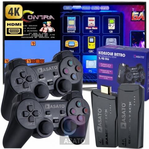 Konsola Retro 10000 Gier 4K HDMI 2 Bezprzewodowe Pady Obsługa 9 Konsol Plug & Play Przenośna ASATO®