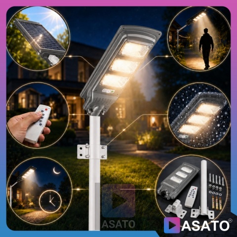 Lampa Uliczna Solarna LED 90W ze Słupkiem Czujnikiem Ruchu Pilot Uchwyt