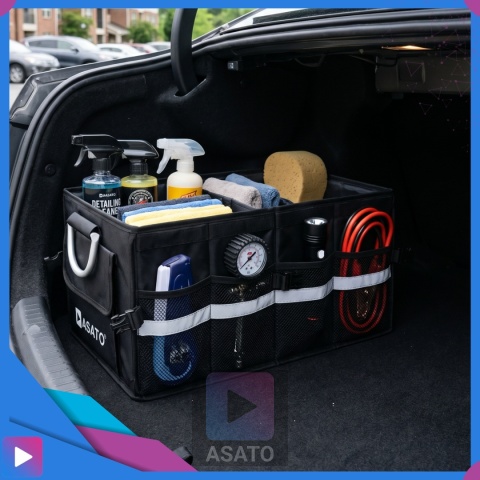 Organizer do bagażnika samochodowego LUX 1F ASATO® składany 60x35x30 cm z klapą i przegrodami