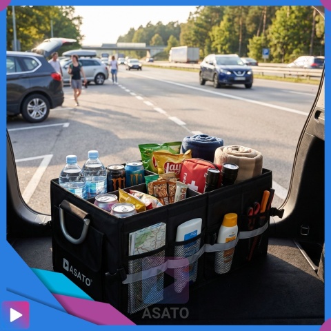 Organizer do bagażnika samochodowego LUX 1F ASATO® składany 60x35x30 cm z klapą i przegrodami