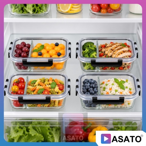 Pojemniki Szklane na Żywność Dwukomorowe Zestaw 4 szt Hermetyczne 1020ml ASATO®