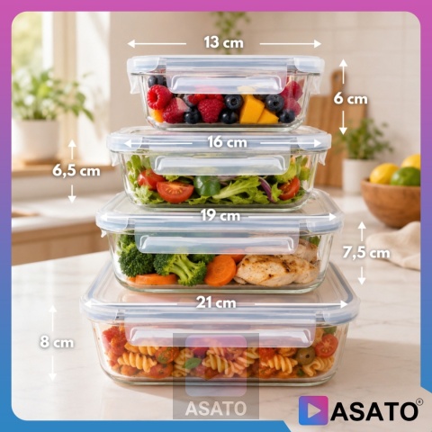 Pojemniki Szklane na Żywność 4 szt Żaroodporne Hermetyczne Lunchbox ASATO®