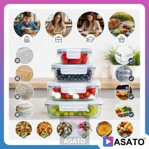 Pojemniki Szklane na Żywność 4 szt Żaroodporne Hermetyczne Lunchbox ASATO®
