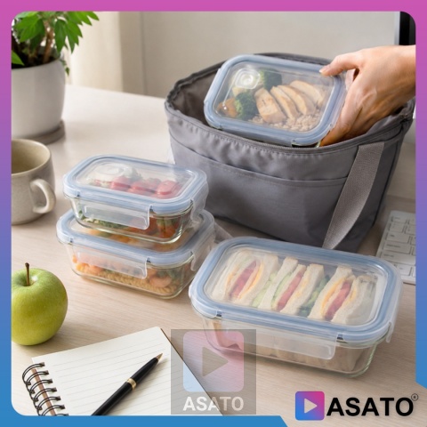 Pojemniki Szklane na Żywność 4 szt Żaroodporne Hermetyczne Lunchbox ASATO®