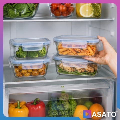 Pojemniki Szklane na Żywność 4 szt Żaroodporne Hermetyczne Lunchbox ASATO®
