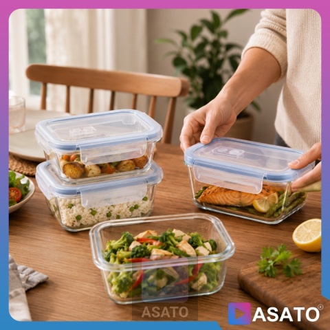 Pojemniki Szklane na Żywność 4 szt Żaroodporne Hermetyczne Lunchbox ASATO®