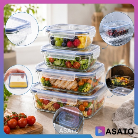 Pojemniki Szklane na Żywność 4 szt Żaroodporne Hermetyczne Lunchbox ASATO®