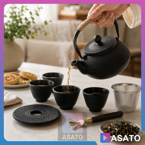 Zestaw do Herbaty Imbryk Żeliwny Czajnik do Herbaty 0,9l 4 Czarki Zaparzacz ASATO®