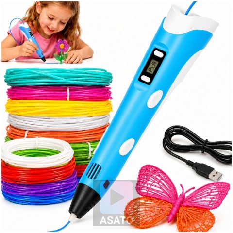 Długopis 3D dla Dzieci + Wkłady Filament 9 metrów Zestaw do Zabawy Drukarka Pen 5.0 Asato