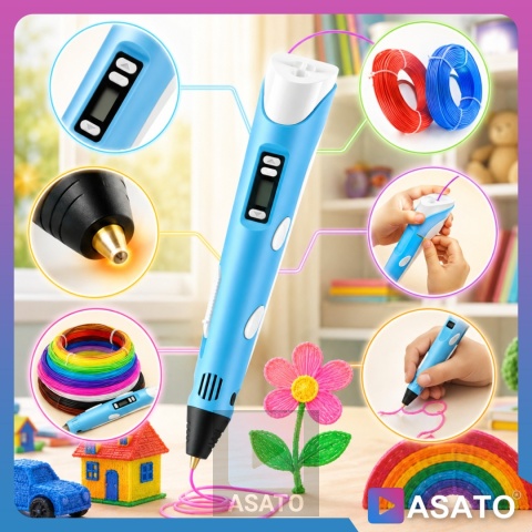 Długopis 3D dla Dzieci + Wkłady Filament 9 metrów Zestaw do Zabawy Drukarka Pen 5.0 Asato