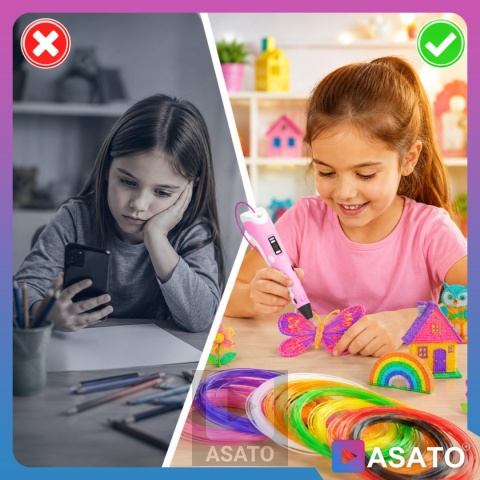 Długopis 3D dla Dzieci + Wkłady Filament 9 metrów Zestaw do Zabawy Drukarka Pen 5.0 Asato