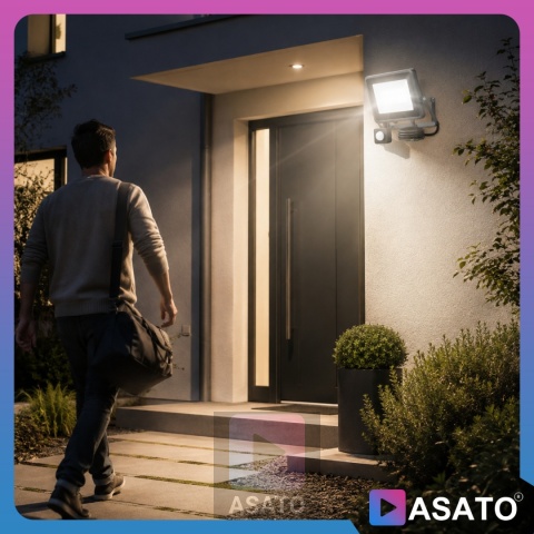 Halogen LED 100W z Czujnikiem Ruchu i Zmierzchu na Kablu Naświetlacz Zewnętrzny IP65 do Ogrodu i Elewacji ASATO®