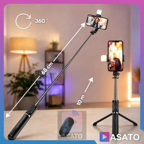 Kijek do Selfie Stick z Lampą LED Statyw Tripod + Pilot Bluetooth