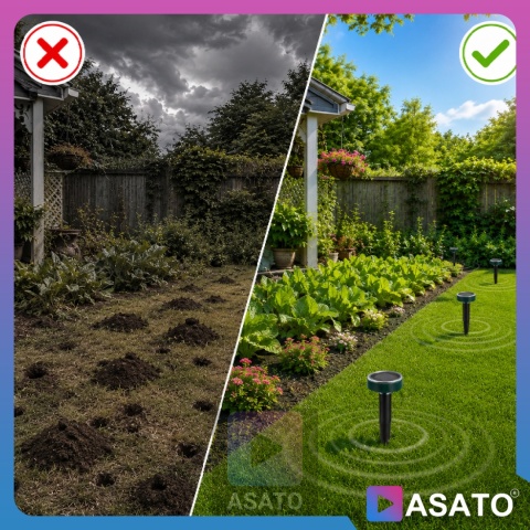Odstraszacz Na Krety Gryzonie Nornicec ASATO® - Solarny Zestaw 4 szt. - Zasięg 3400m² - IP44 Wodoodporny