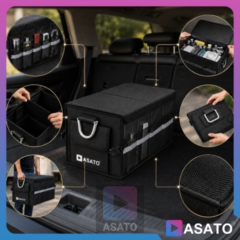 Organizer do bagażnika samochodowego LUX 1F ASATO® składany 60x35x30 cm z klapą i przegrodami