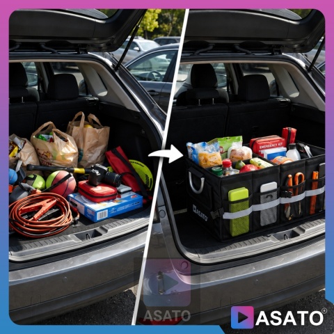 Organizer do bagażnika samochodowego LUX 1F ASATO® składany 60x35x30 cm z klapą i przegrodami